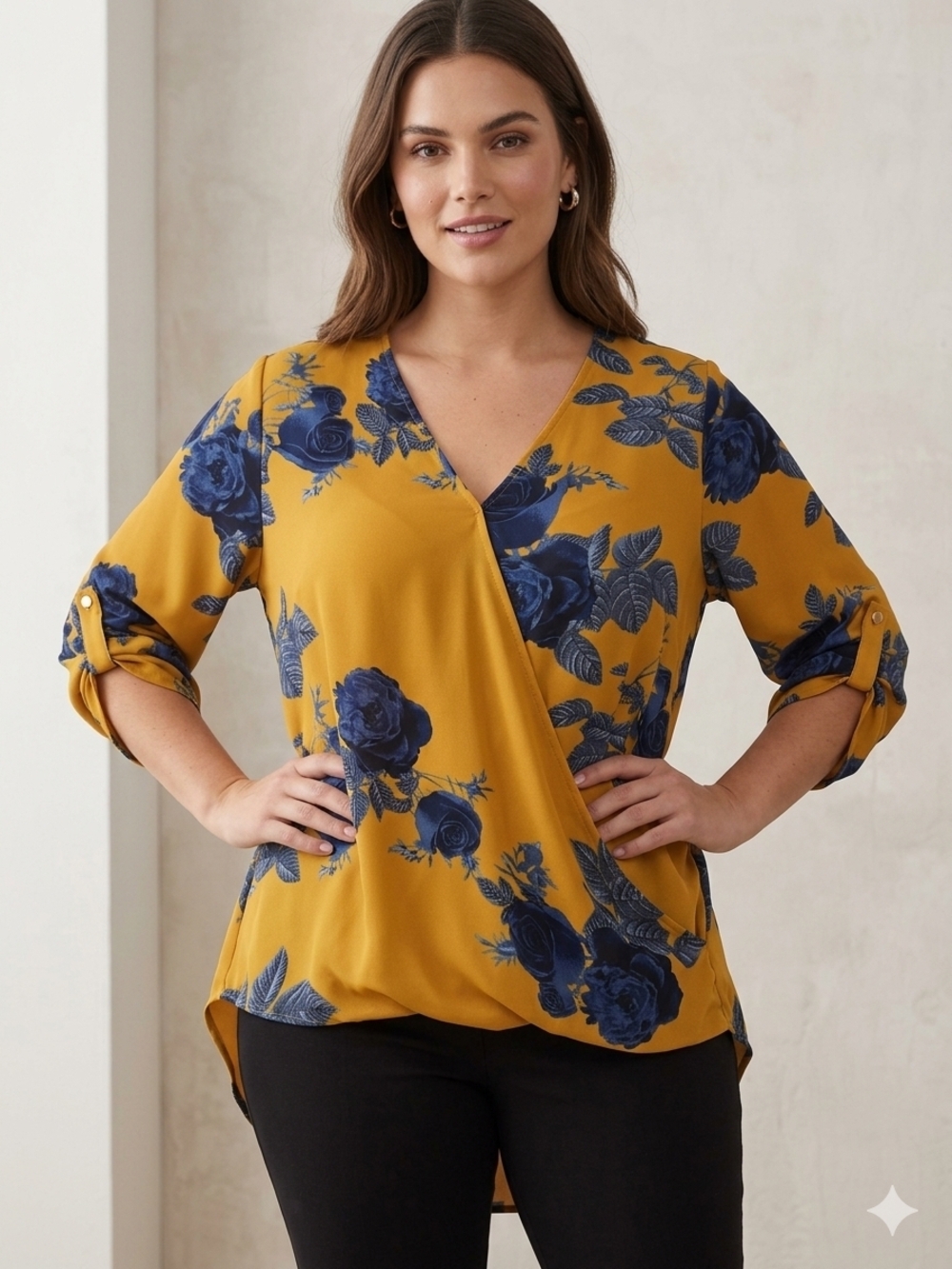 West Kei Mustard Floral Wrap Blouse with Navy Roses